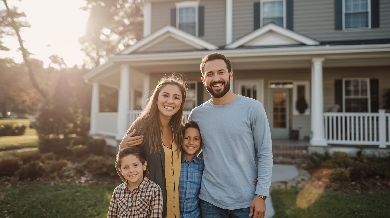 Happy family in front of their home